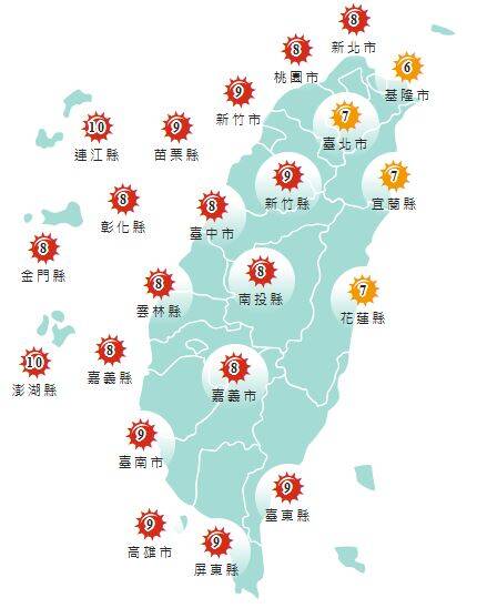 氣象署發布各地紫外線指數預報概況。 圖：氣象署提供