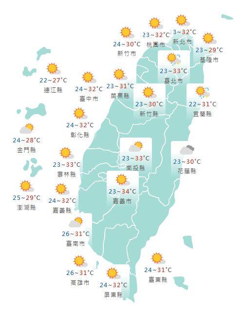 氣象署公布各地天氣預報概況。 圖：氣象署提供