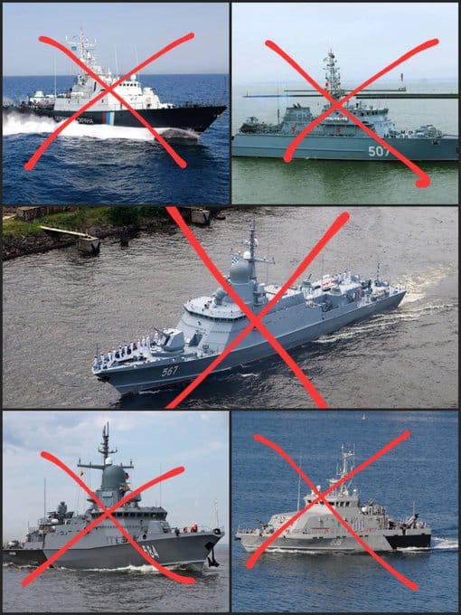 截至目前為止，烏軍已經摧毀 5 艘俄軍裏海艦隊船艦，包含「Karakurt」級小型導彈艦、「Buyan」級導彈艦、「Svetlyak」級巡邏艦、「Grachonok」級反破壞襲擾艇以及掃雷艦。 圖：翻攝自 @rainbow78521 X 帳號