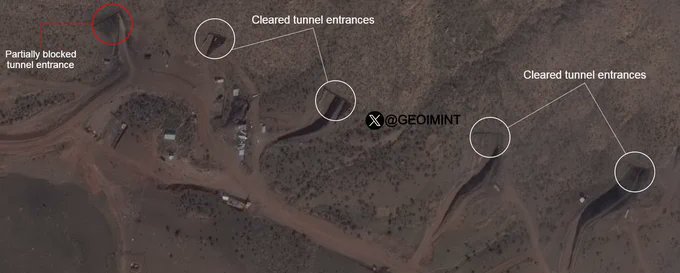 衛星雲圖顯示伊朗已將 4 個先前遭空襲封鎖的導彈地下通道入口清理完畢。 圖:翻攝自 X @GEOIMINT