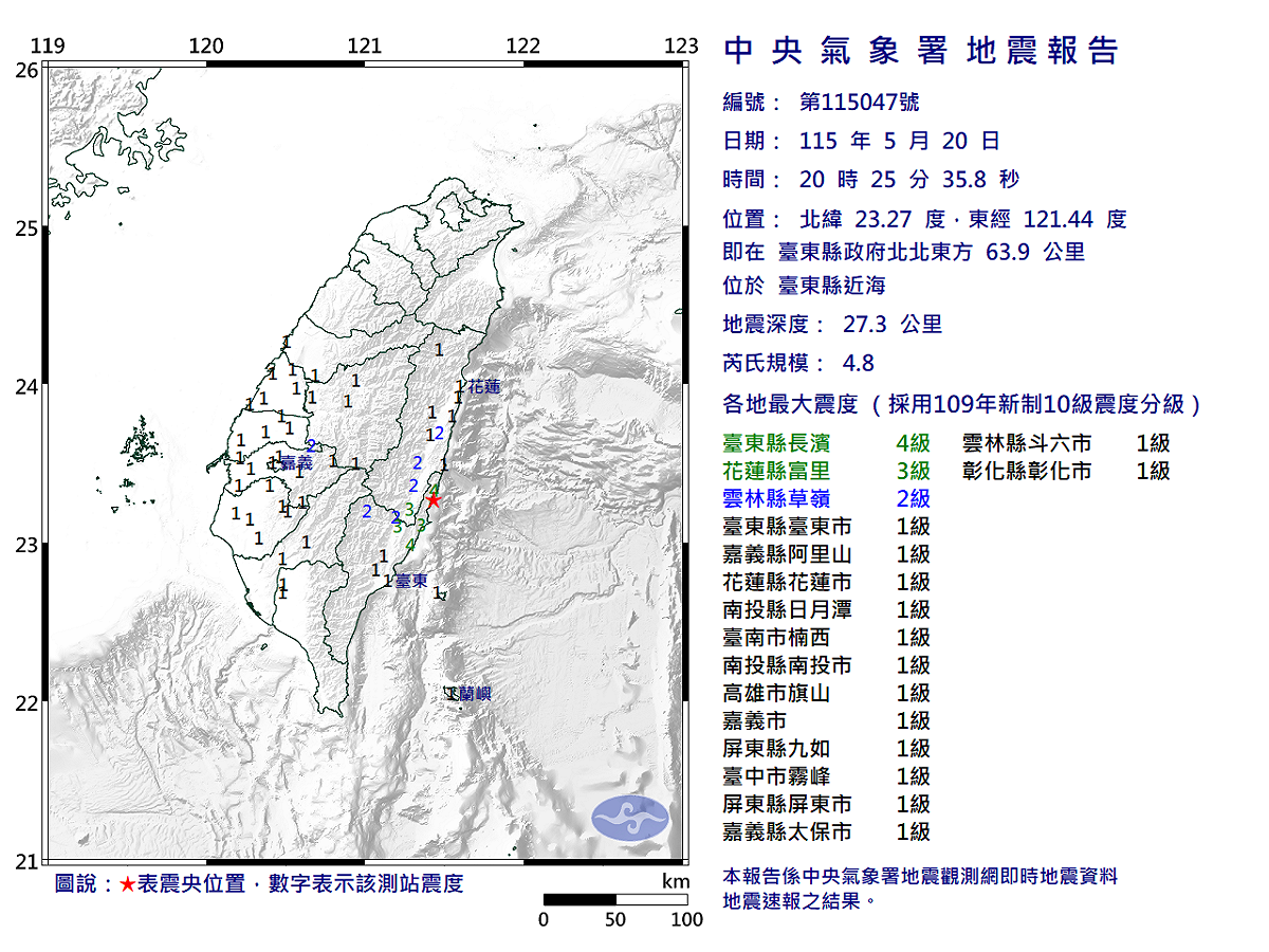 05/20-20:25臺東縣近海發生規模4.8有感地震 圖：中央氣象署