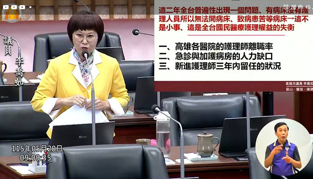 李喬如要求高市府研議護理人員獎勵補助與友善職場政策，透過合理制度留住人力。 圖：翻攝高雄市議會直播畫面