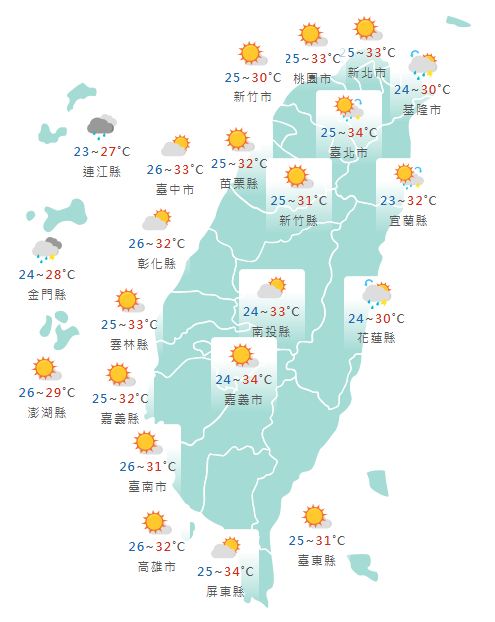 氣象署公布各地天氣預報概況。 圖：氣象署提供