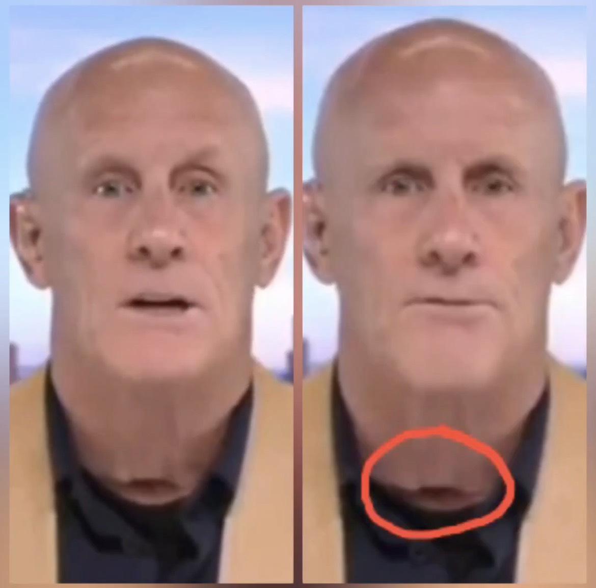 美國福斯新聞（Fox News）在直播節目中，訪問一名聲稱為前美國伊朗司令部將軍羅伯特．哈沃德（Robert Harward）的嘉賓，然而，該嘉賓頸部出現一道疑似面具邊緣的詭異痕跡，引發「戴人皮面具」的廣泛質疑。 圖：翻攝自 X 帳號 @xinwendiaocha