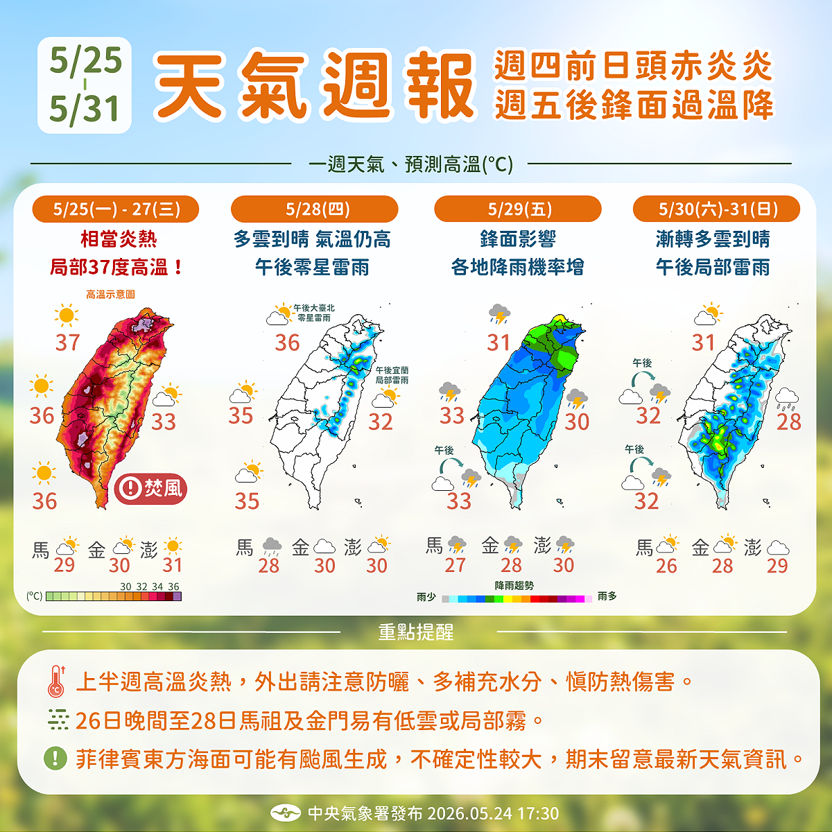 未來一週天氣發展趨勢。 圖：取自氣象署