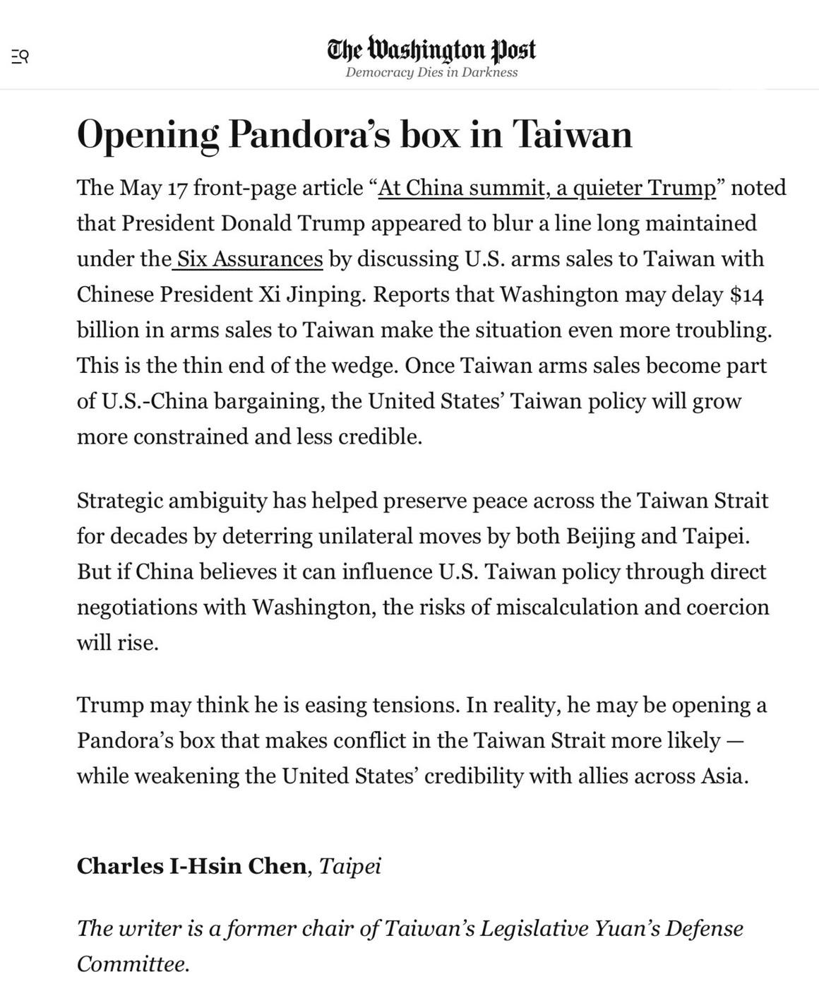 前立委陳以信投書美國《華盛頓郵報》（The Washington Post)，標題為〈打開台灣的潘朵拉盒子〉。 圖：陳以信服務處提供