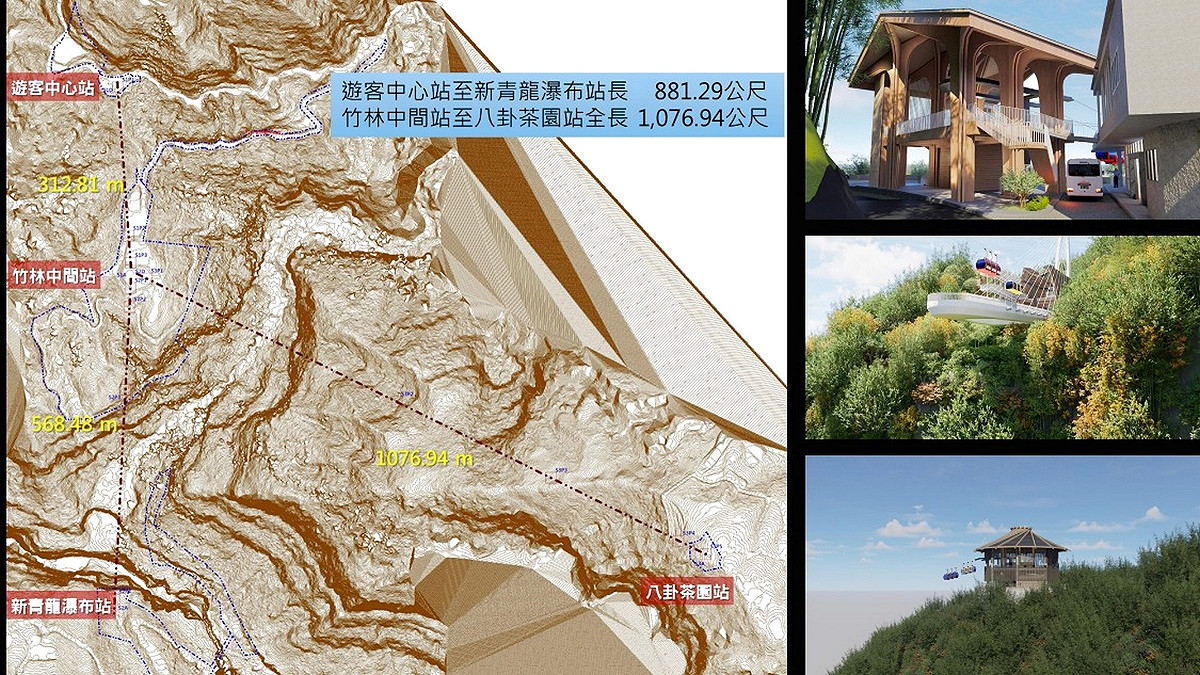 纜車結合竹山美麗的八卦茶園、竹林、太極峽谷及青龍瀑布，打造低碳永續的旅遊計畫。 圖：南投縣政府／提供