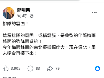鄭明典指出，今年梅雨鋒面的南北擺盪幅度大，因此偏北，預計週末將南下影響台灣。 圖：翻攝自鄭明典臉書