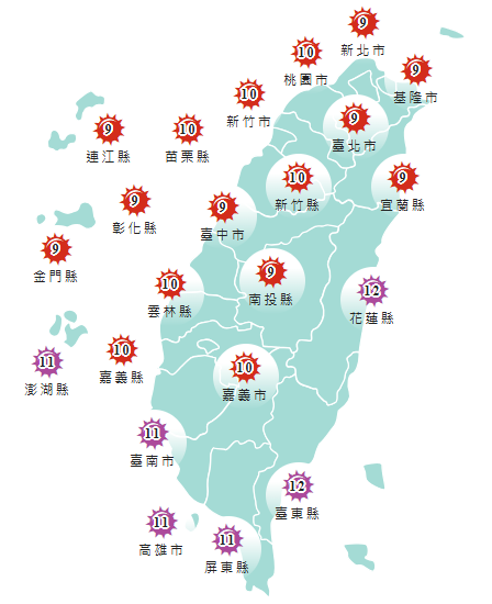氣象署發布各地紫外線指數預報概況。 圖：氣象署提供