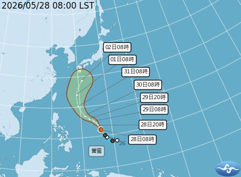 薔蜜颱風1日離台最近，北部有局部短暫雨，2日遠離朝琉球附近通過後，逐漸轉向東北大迴轉。 圖：取自氣象署