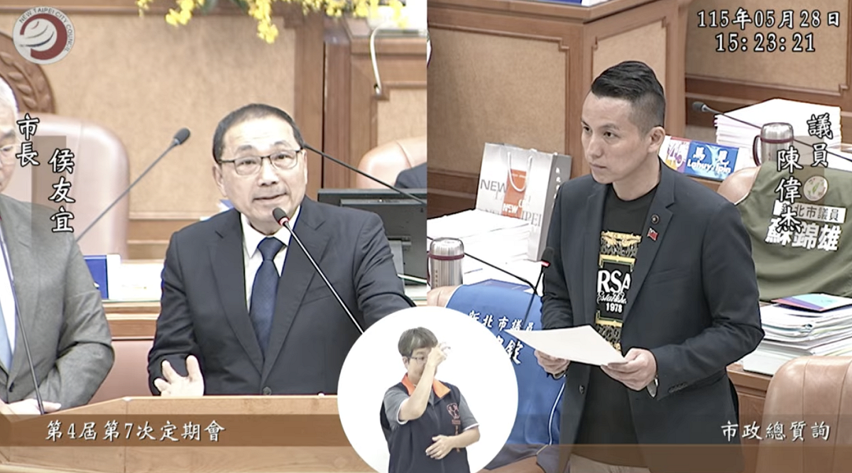 新北市議員陳偉杰質詢新北市長侯友宜。 圖：陳偉杰/提供