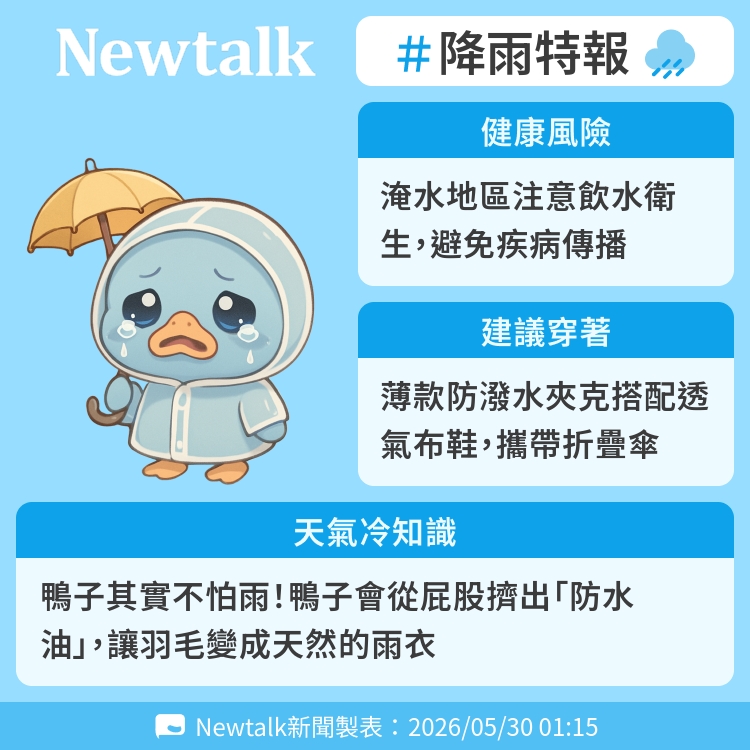鴨子其實不怕雨！鴨子會從屁股擠出「防水油」，讓羽毛變成天然的雨衣 圖：Newtalk製表