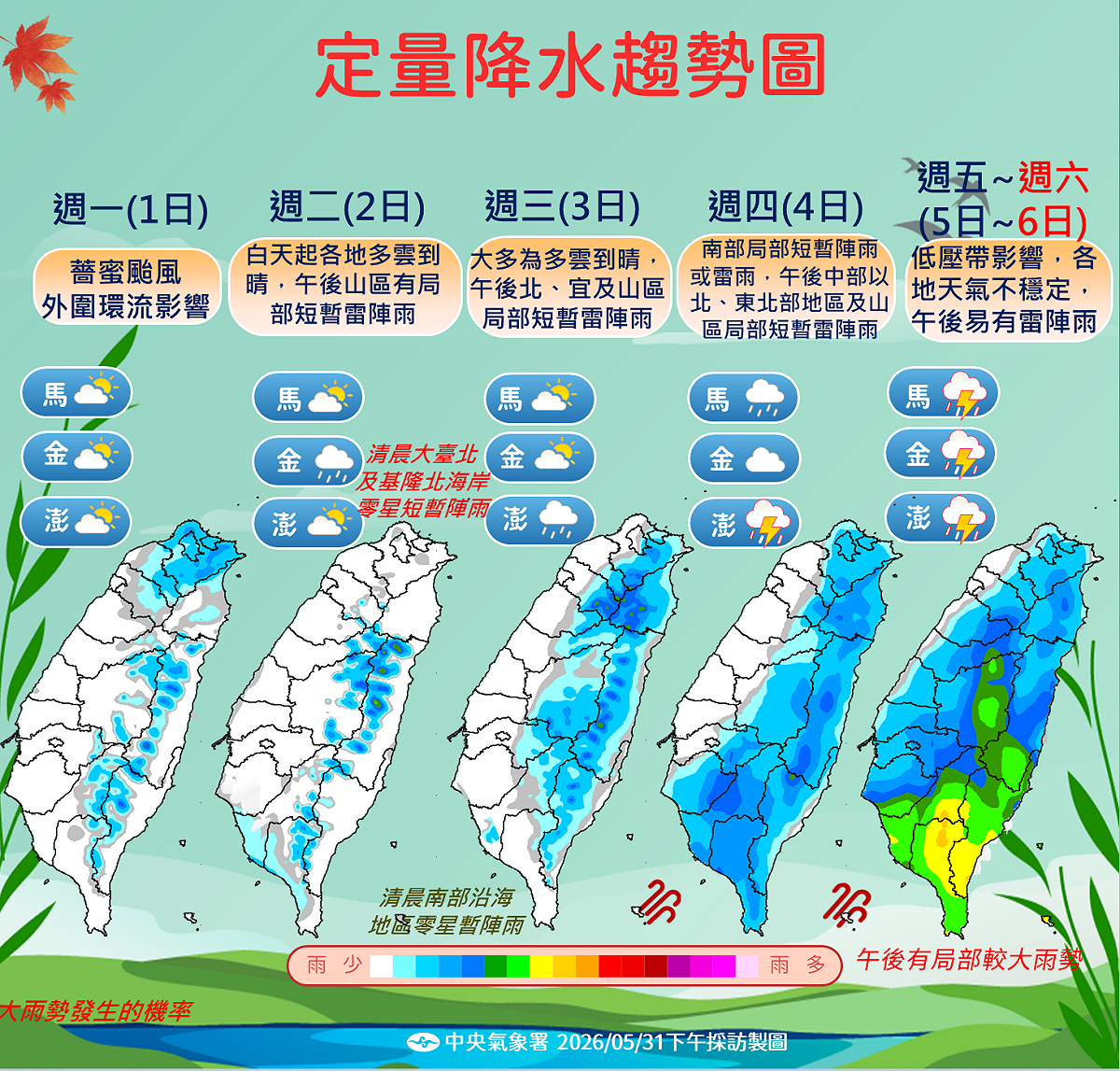 中央氣象署表示，颱風薔蜜位於台灣東方海面，其外圍環流已影響天氣，中南部山區午後有局部大雨機率，民眾應注意。 圖：氣象署／提供
