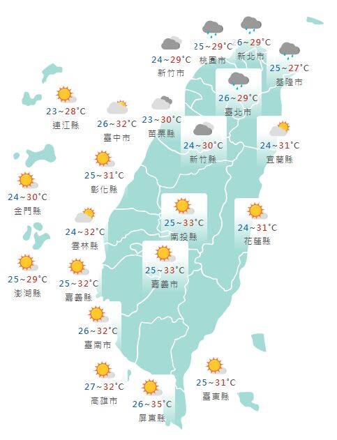 氣象署公布各地天氣預報概況。 圖：氣象署提供