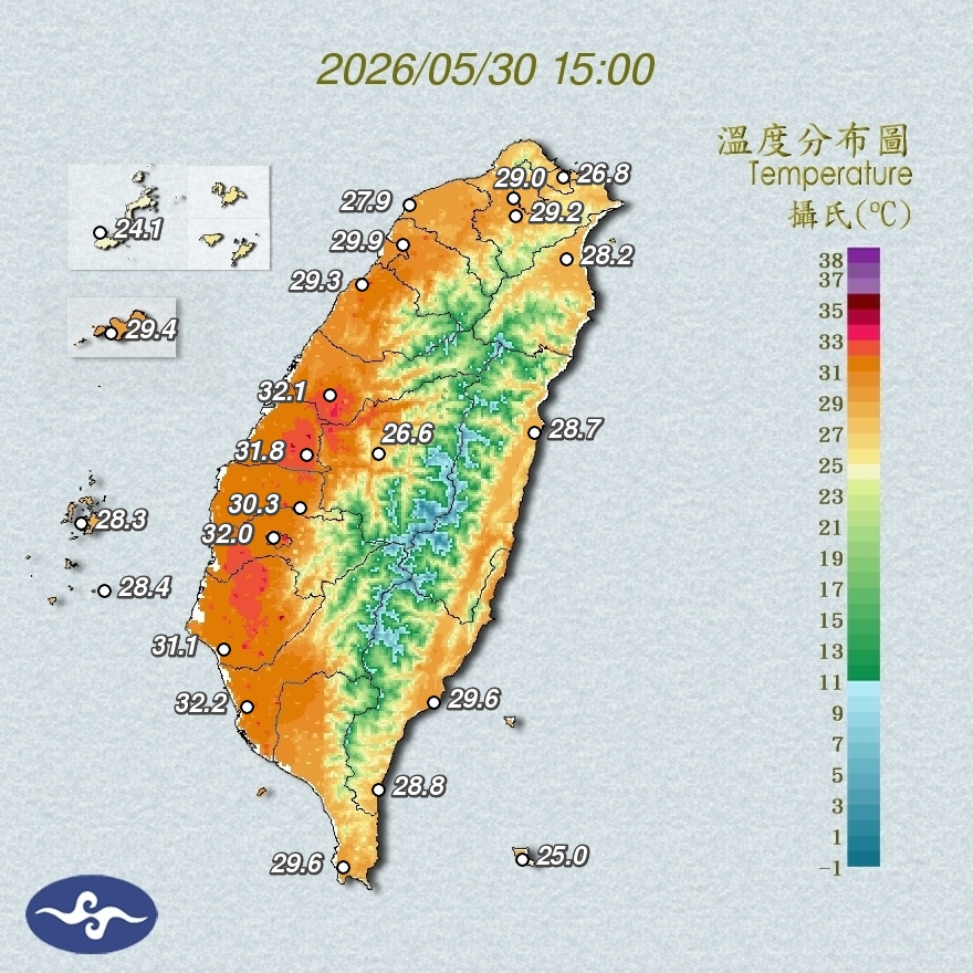 5月底至今，受到太平洋高壓影響，全台灣溫炎熱，其中台南玉井更是蟬連最熱區域榜首，甚至一度飆至40.2度。 圖：取自氣象署