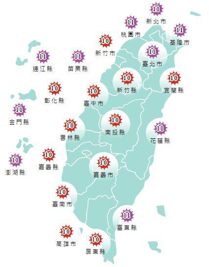 氣象署發布各地紫外線指數預報概況。 圖：氣象署提供