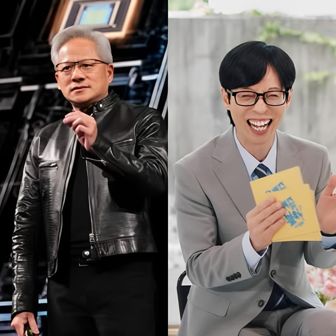 黃仁勳(左)將登上南韓人氣談話節目《劉QUIZ ON THE BLOCK》，合體主持人劉在錫。 圖：翻攝自劉QUIZ IG