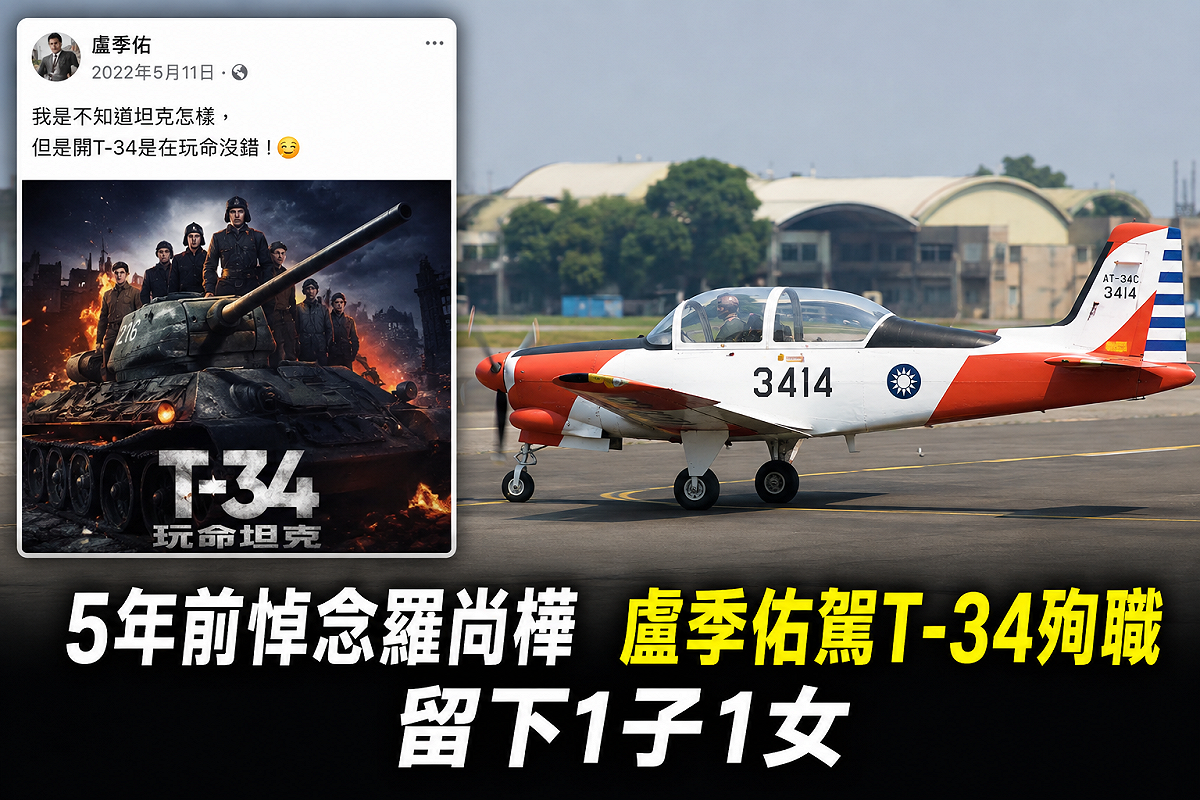 曾悼念殉職飛官羅尚樺，盧季佑駕T-34失事殉職留下一雙兒女。 圖：新頭殼合成