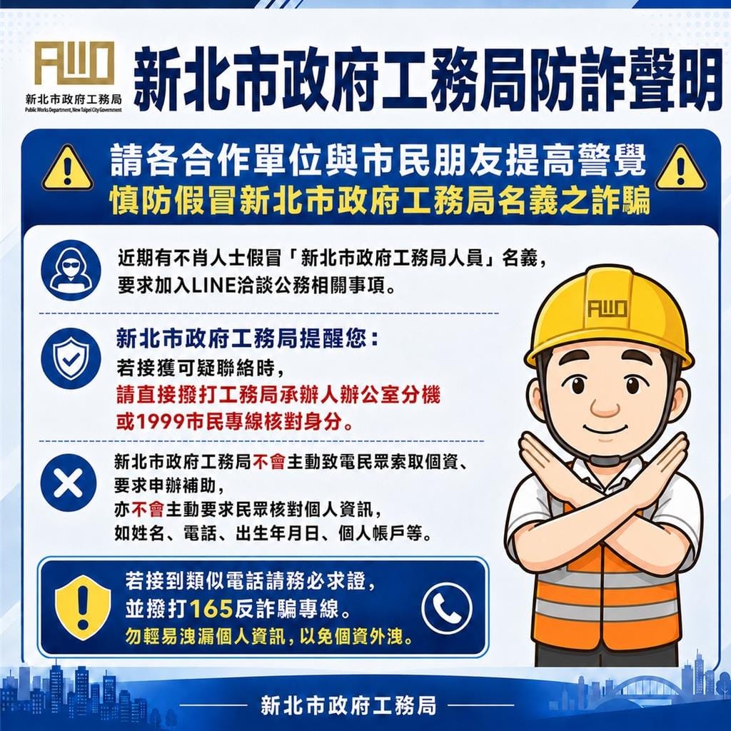 新北市政府工務局提醒，不明人士假冒工務局長及所屬機關主管的名義騙取資訊。 圖：新北市工務局