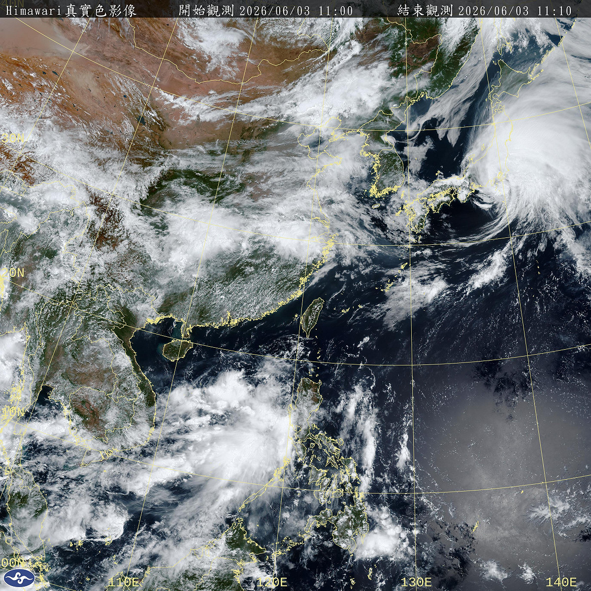 今(3)日環境風場轉為西南風，各地水氣增加，尤其南部雨勢最為明顯。 圖：取自氣象署