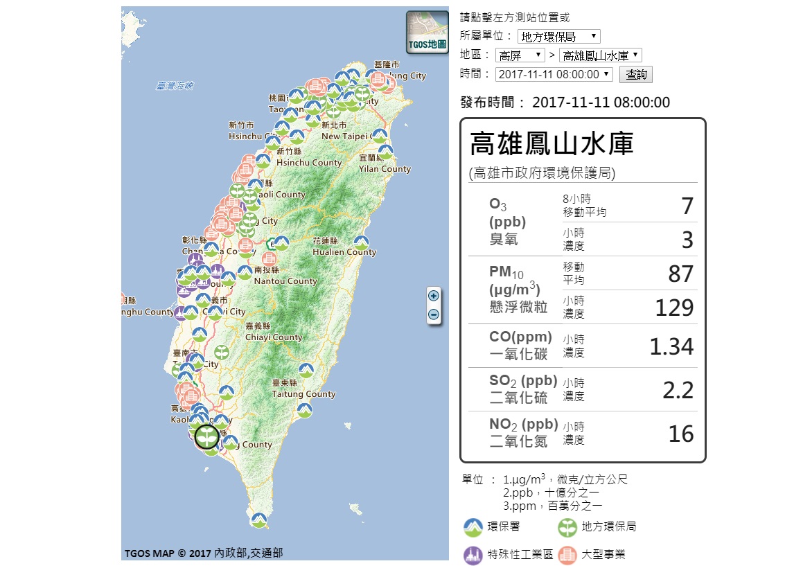 高雄市今晨空氣品質再拉警報，12測站有8個達「紅害」，提醒民眾出門戴口罩。 翻攝自高雄市政府網站