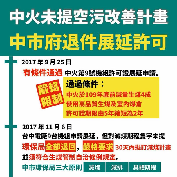 台中市環保局長白智榮表示，未來一個月內，台中火力發廠必須提出排煤、排放及具體減量期程。中火所提排減計畫最終要達到109年1月26日前減量40%，未來如果無法達到要求的話，市府還是會退回。 圖:台中市府提供