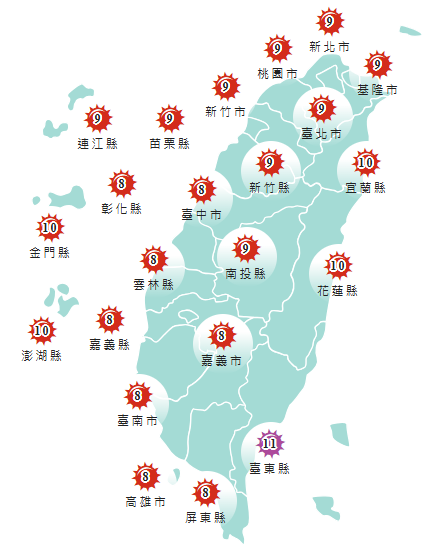 氣象署發布各地紫外線指數預報概況。 圖：氣象署提供