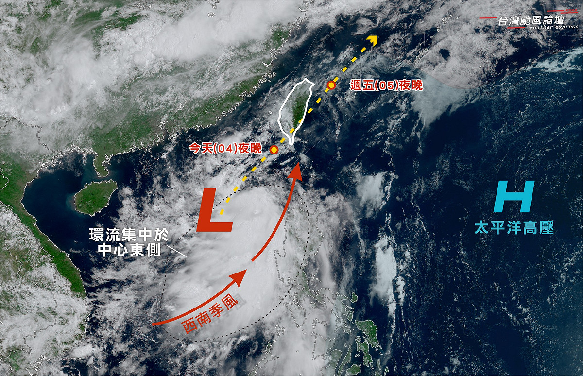 南海的低壓系統目前已來到東沙島南方海域，預計今日夜晚至明日上午間，通過台灣南部上空或恆春近海，隨後進入東部海域並加速北上。 圖：翻攝自「台灣颱風論壇｜天氣特急」