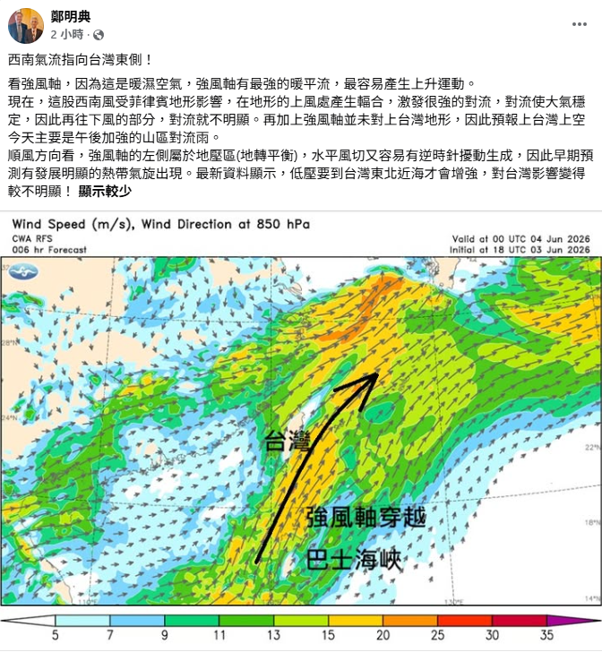 鄭明典指出，目前這股西南風受菲律賓地形影響，在地形上風處激發出強勁對流，導致水氣集中；由於上風處的強風軸並未直接對上台灣地形，預估該系統抵達台灣東北近海後才會增強，對台影響程度相對減輕。 圖：取自鄭明典臉書