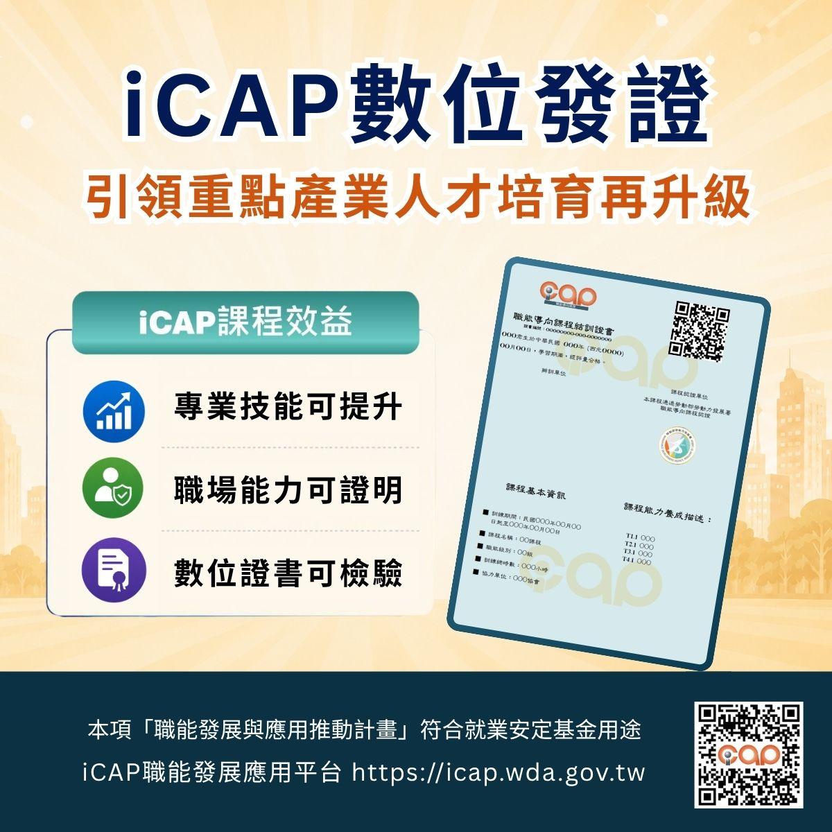 勞動力發展署自102年起，推動職能導向課程（iCAP）品質認證機制，並從去年起啟用iCAP數位證書發證系統。 圖:勞動力發展署 提供