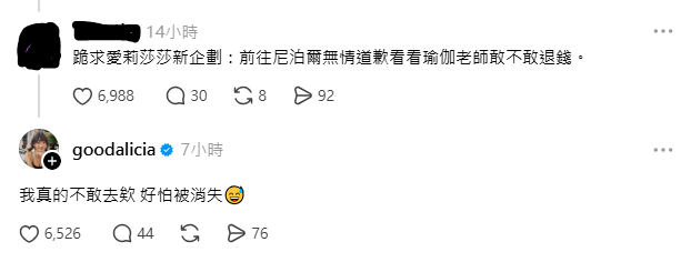 有網友提議愛莉莎莎乾脆親自飛往尼泊爾跟Raj溝通，不過愛莉莎莎馬上拒絕，表示，「我好怕被消失」。 圖：翻攝自Threads