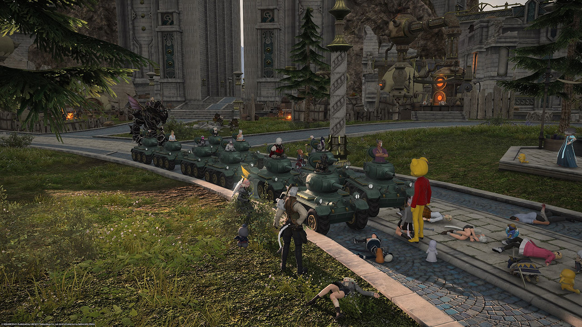 FF14台服玩家開坦克，於遊戲內的「田園郡」發起自發性紀念行動，甚至有網友扮維尼擋在坦克大軍前，紀念當年為了爭取自由而奮鬥的天安門事件。 圖：翻攝自hungyoo Threads