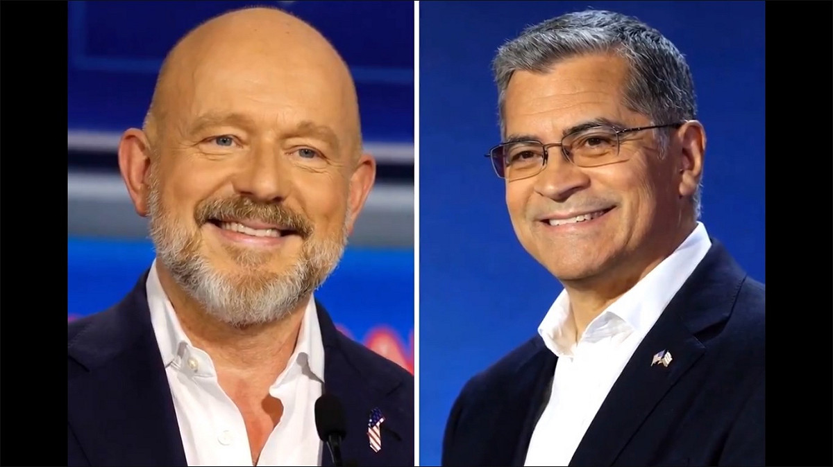 美國加州近期舉行州長初選，雖然尚未開完所有選票，但有網友分析認為，共和黨候選人希爾頓(左)與民主黨候選人貝塞拉(右)很可能脫穎而出，參與年底的正式選舉。 圖：擷取自 @Bubblebathgirl X 分享影片