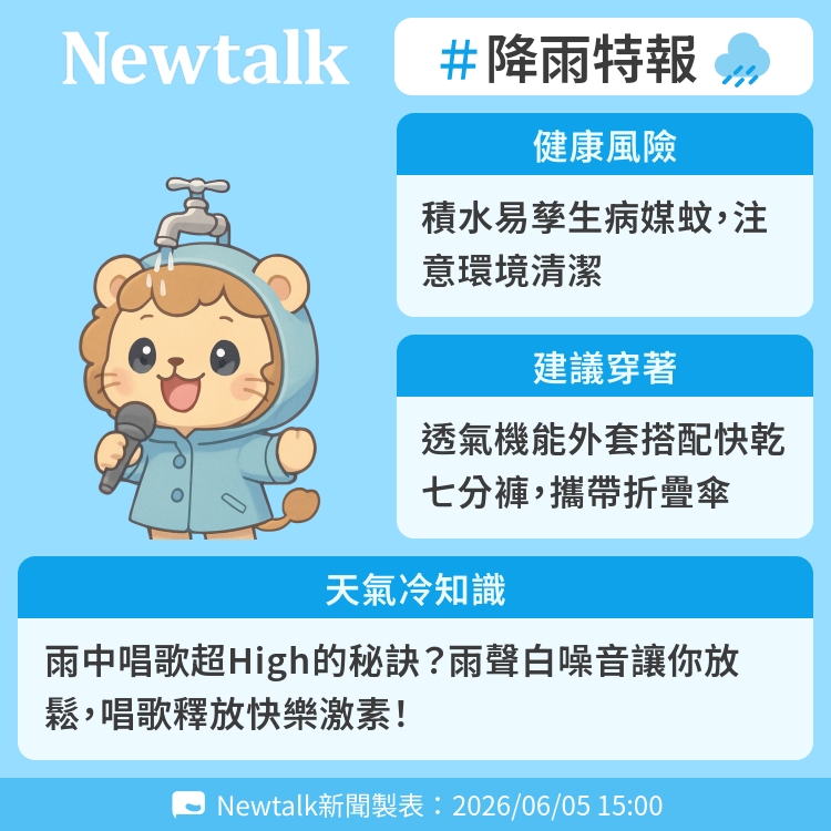 雨中唱歌超High的秘訣？雨聲白噪音讓你放鬆，唱歌釋放快樂激素！ 圖：Newtalk製表