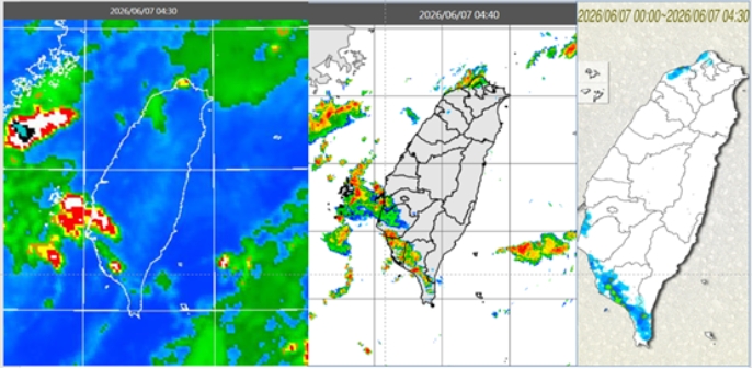 今(7日)晨4：30紅外線色調強化雲圖(左圖)顯示，臺灣西南部有陸風與西南風輻合，激發的雲層。4：40雷達回波合成圖(中圖)顯示，雲層伴隨回波消長。4：30累積雨量圖(右圖)顯示，西南部沿海有局部降雨。 圖/「氣象應用推廣基金會」專欄「洩天機教室」