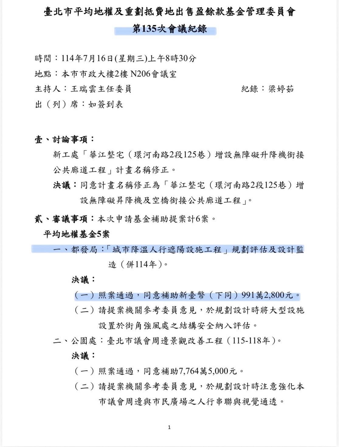 台北市平均地權及重劃抵費地出售盈餘基金管理委員會第135次會議紀錄。 圖：翻攝簡舒培臉書粉專
