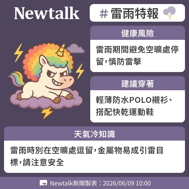 雷雨時別在空曠處逗留，金屬物易成引雷目標，請注意安全 圖：Newtalk製表