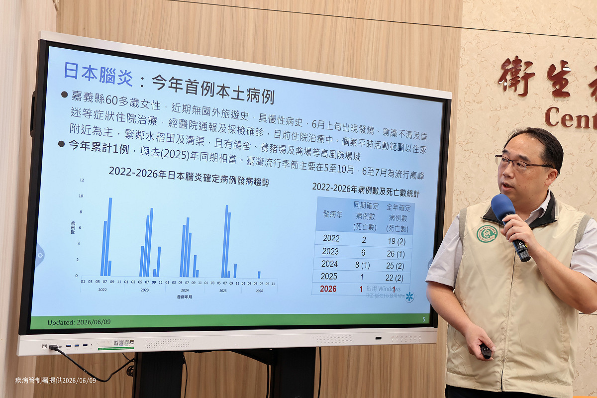 今年國內首例日本腦炎確診！疾管署今(9)日公布，嘉義民雄60多歲女性發燒昏迷住院，目前仍治療中，周邊高風險場域已加強防蚊，疾管署提醒民眾落實防蚊並按時接種疫苗。 圖：疾管署／提供