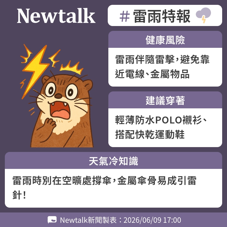 雷雨時別在空曠處撐傘，金屬傘骨易成引雷針！ 圖：Newtalk製表