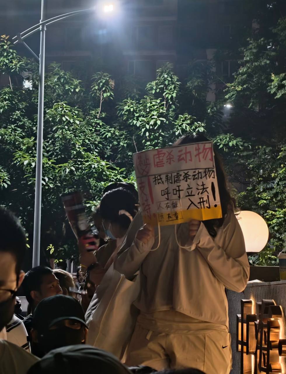 現場一名女生舉起了「人在做，天在看，抵制虐殺動物，呼籲立法，入刑」的標語。 圖:翻攝自X帳號@whyyoutouzhele