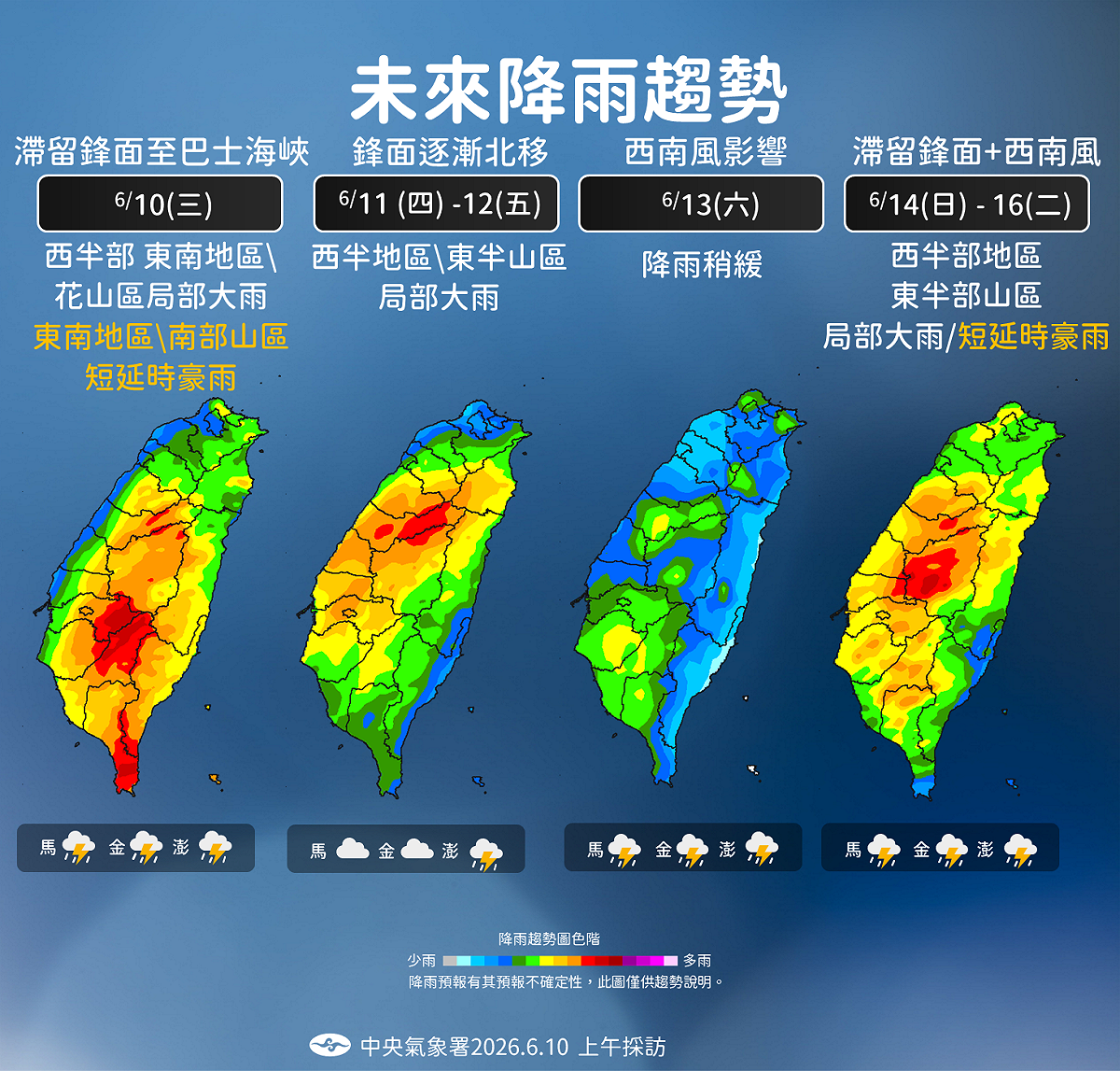 氣象署示警全台多雨一週，週日到週二西半部防短延時豪雨。 圖：氣象署／提供