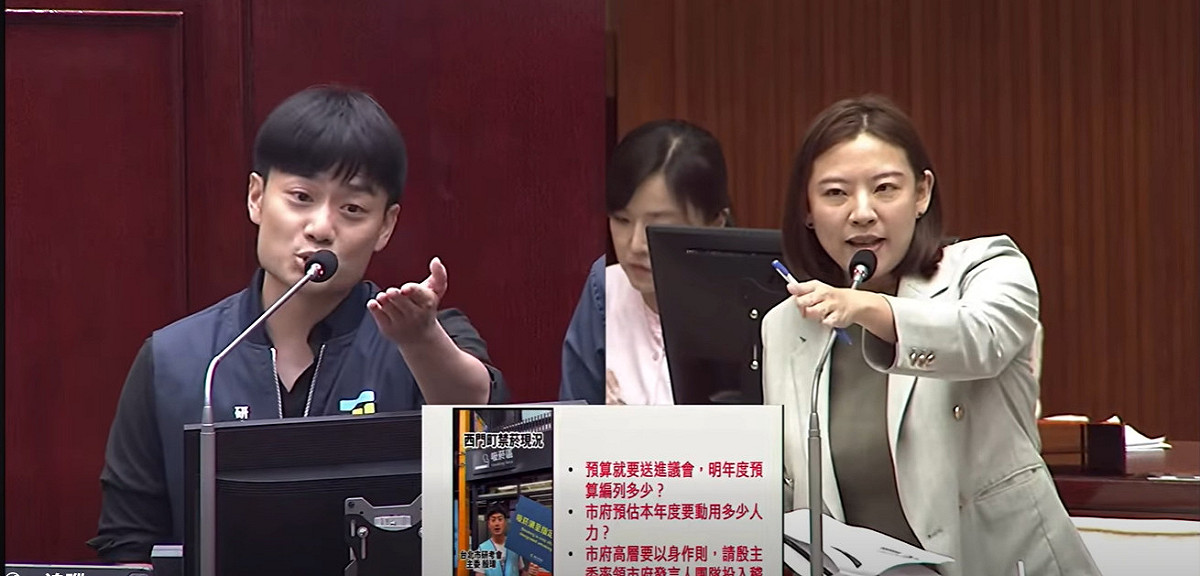 殷瑋（左）搶答槓上議員何孟樺（右），聲稱自己是基層、「人民是我的老闆」，周軒嘲諷，蔣萬安看起來像基層，「歡迎殷市長正式上位！」 圖：截自周軒臉書影片