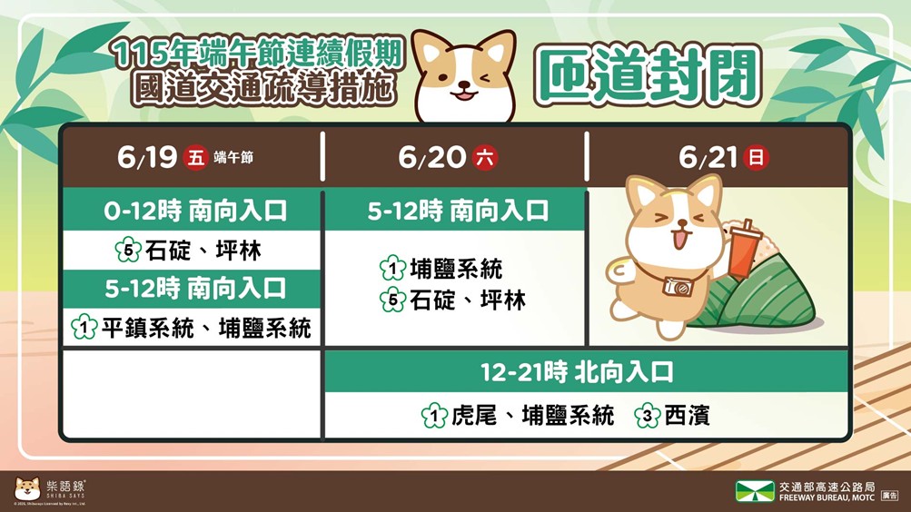 端午節連續假期匝道封閉措施。 圖：高速公路局／提供