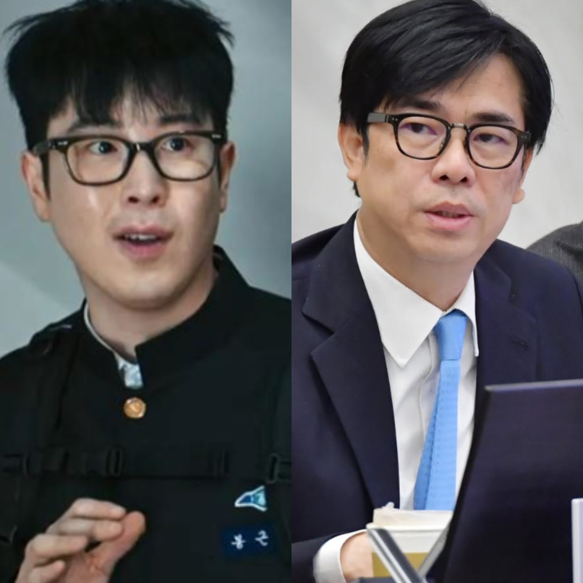 飾演「教權保護局」事務官的男演員表志勳(左)，意外被網友發現戴眼鏡的造型撞臉高雄市長陳其邁。 圖：翻攝自Netflix、陳其邁FB
