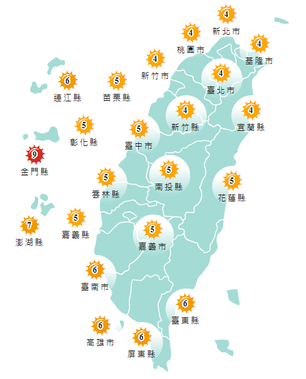 氣象署發布各地紫外線指數預報概況。 圖：氣象署提供