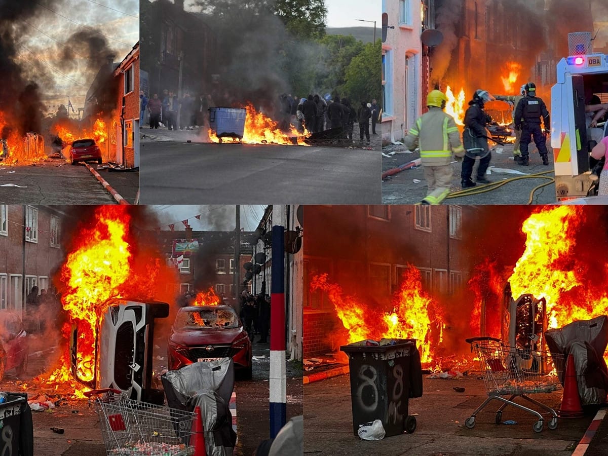 示威者在街頭縱火焚燒車輛、攻擊警察、破壞商家與住宅，當局緊急增派警力維持秩序，並呼籲居民避免重返衝突區域。 圖:翻攝自X帳號@ISephara
