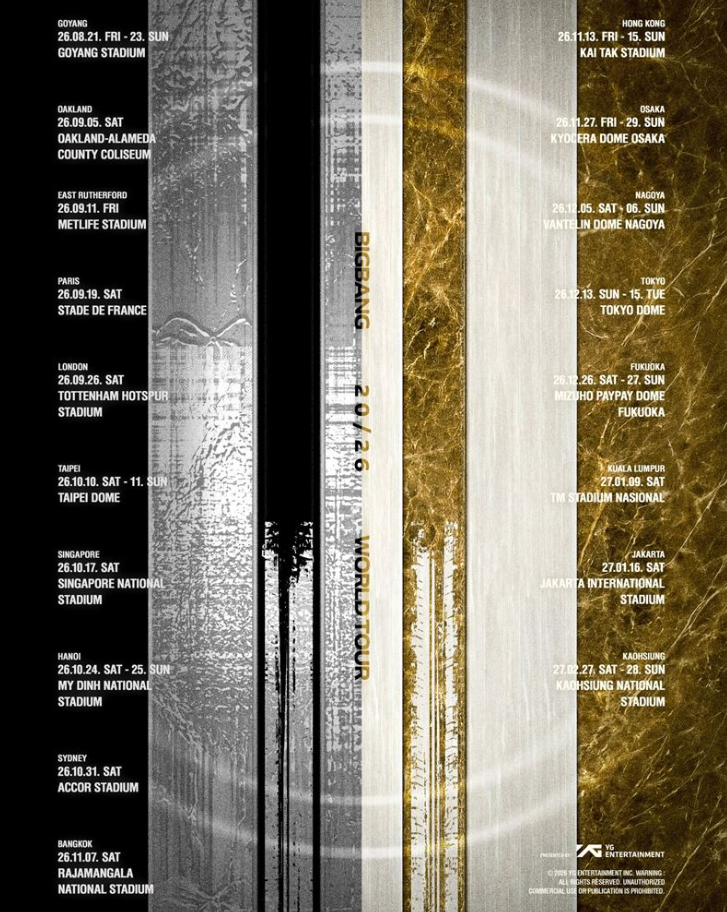 官方驚喜公布將展開「BIGBANG 20/26 WORLD TOUR」巡演，10月10日、11日率先唱進台北大巨蛋，2027年2月27日、28日再轉戰高雄國家體育場。 圖：翻攝自BIGBANG IG