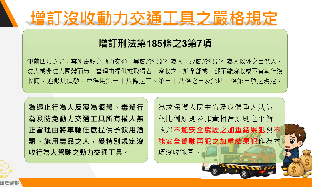 增訂沒收動力交通工具之嚴格規定。 圖：法務部提供