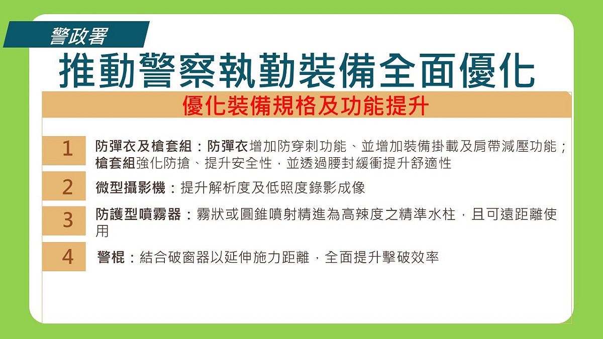 推動警察執勤裝備全面優化2-1。 圖：警政署提供