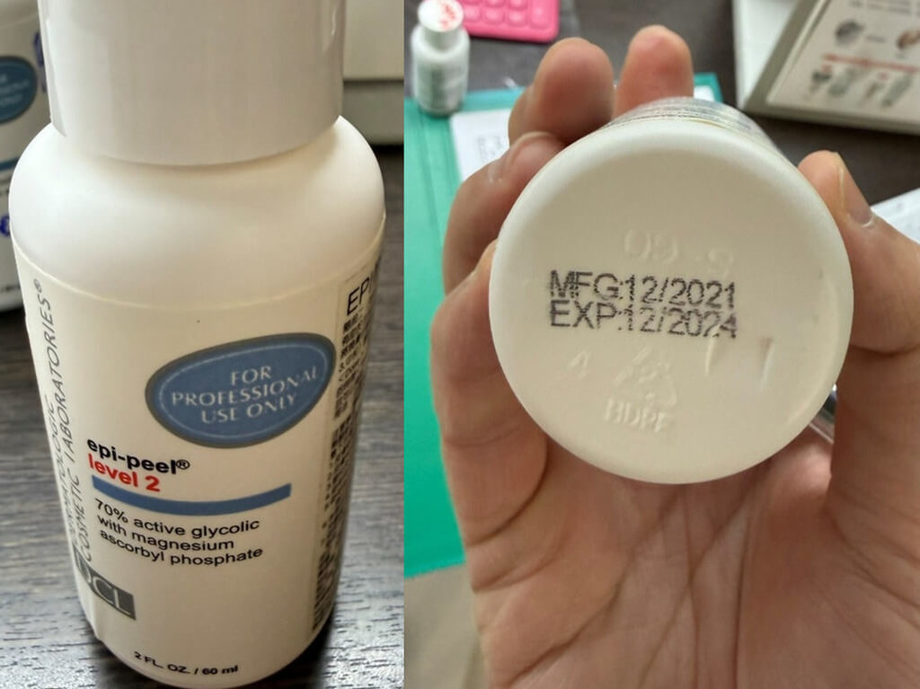 人員疑誤將40%濃度果酸拿成70%，造成患者臉部大面積紅腫疼痛。高雄市衛生局獲報後至診所稽查，發現過期16個月的果酸產品，即令診所下架並封存產品。 圖：高雄市衛生局／提供